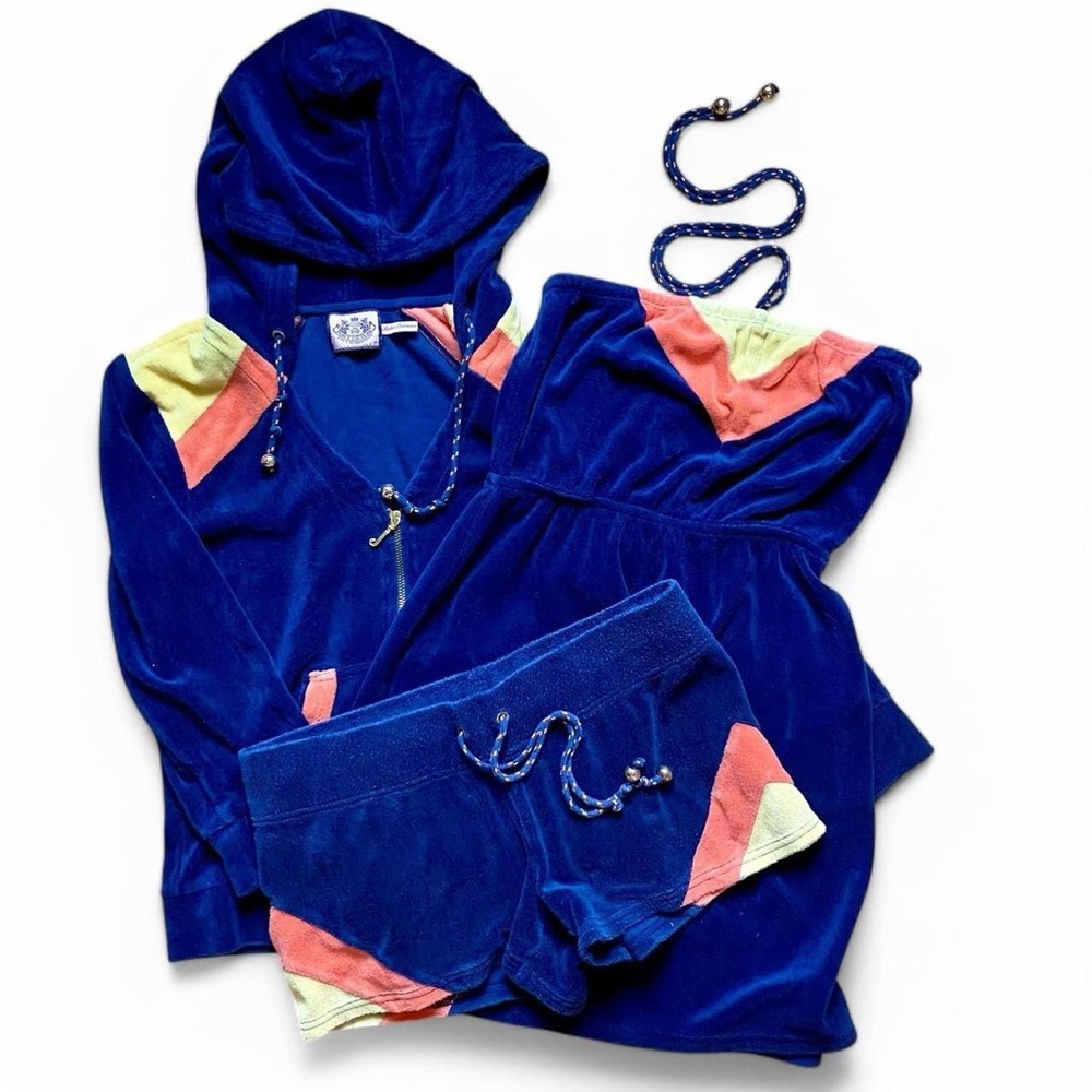 💙🧡💛 REGAL COLOR BLOCK VINTAGE JUICY COUTURE SET TERRY CLOTH JACKET DRESS SHORTS